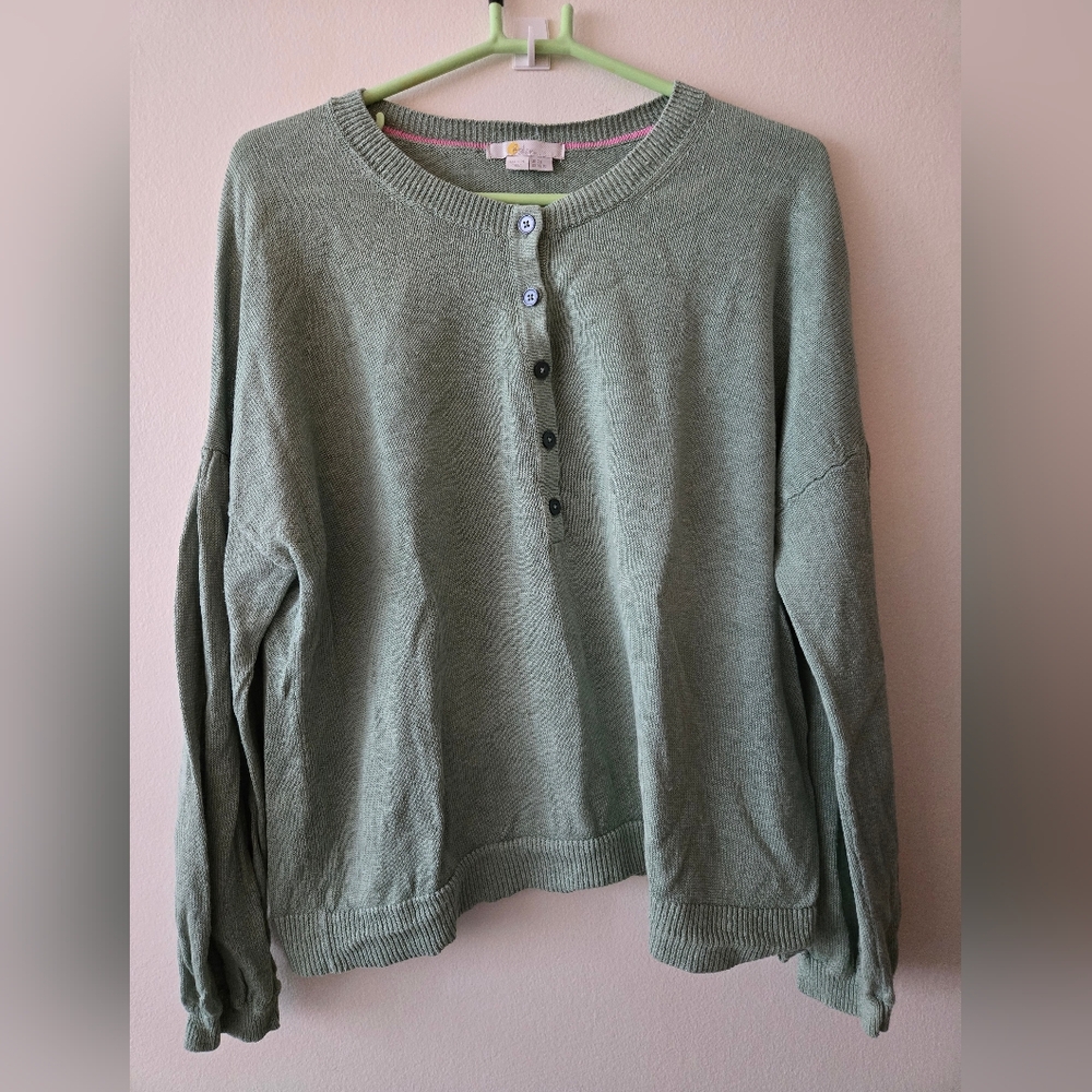 Boden 16/18 Green 100% Linen Henley Style Slight Puff Sleeve Sweater
